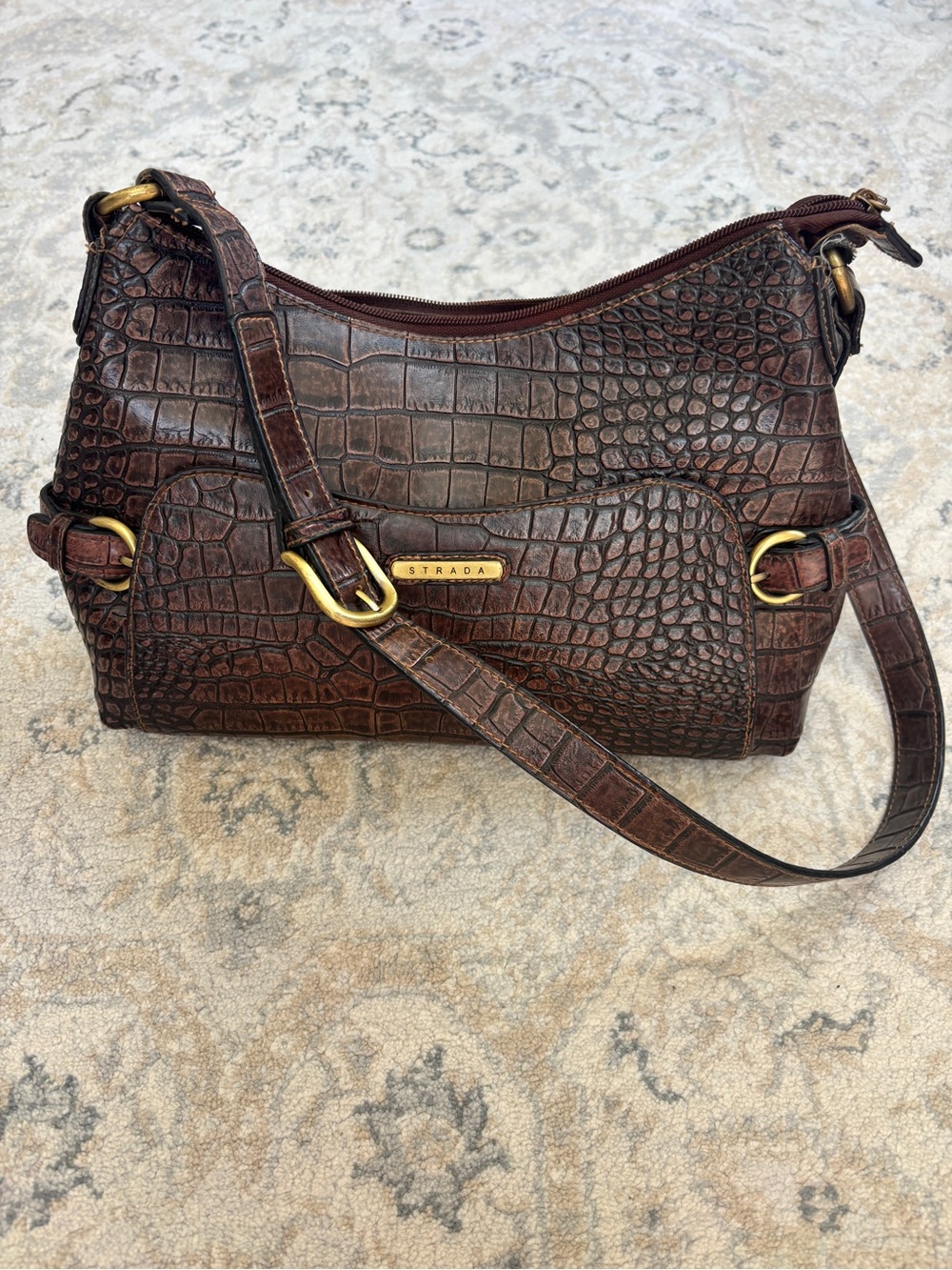 Strada Dark Brown Croc-Embossed Shoulder Bag with Gold Hardware